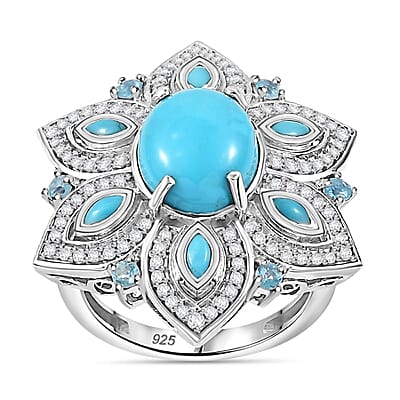 Sleeping Beauty Turquoise and White Zircon 5.53 ctw Ring in Rhodium Over Sterling Silver (Size 11.5) (7.2 g)