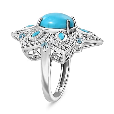 Sleeping Beauty Turquoise and White Zircon 5.53 ctw Ring in Rhodium Over Sterling Silver (Size 11.5) (7.2 g)