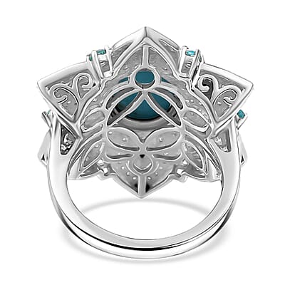 Sleeping Beauty Turquoise and White Zircon 5.53 ctw Ring in Rhodium Over Sterling Silver (Size 11.5) (7.2 g)