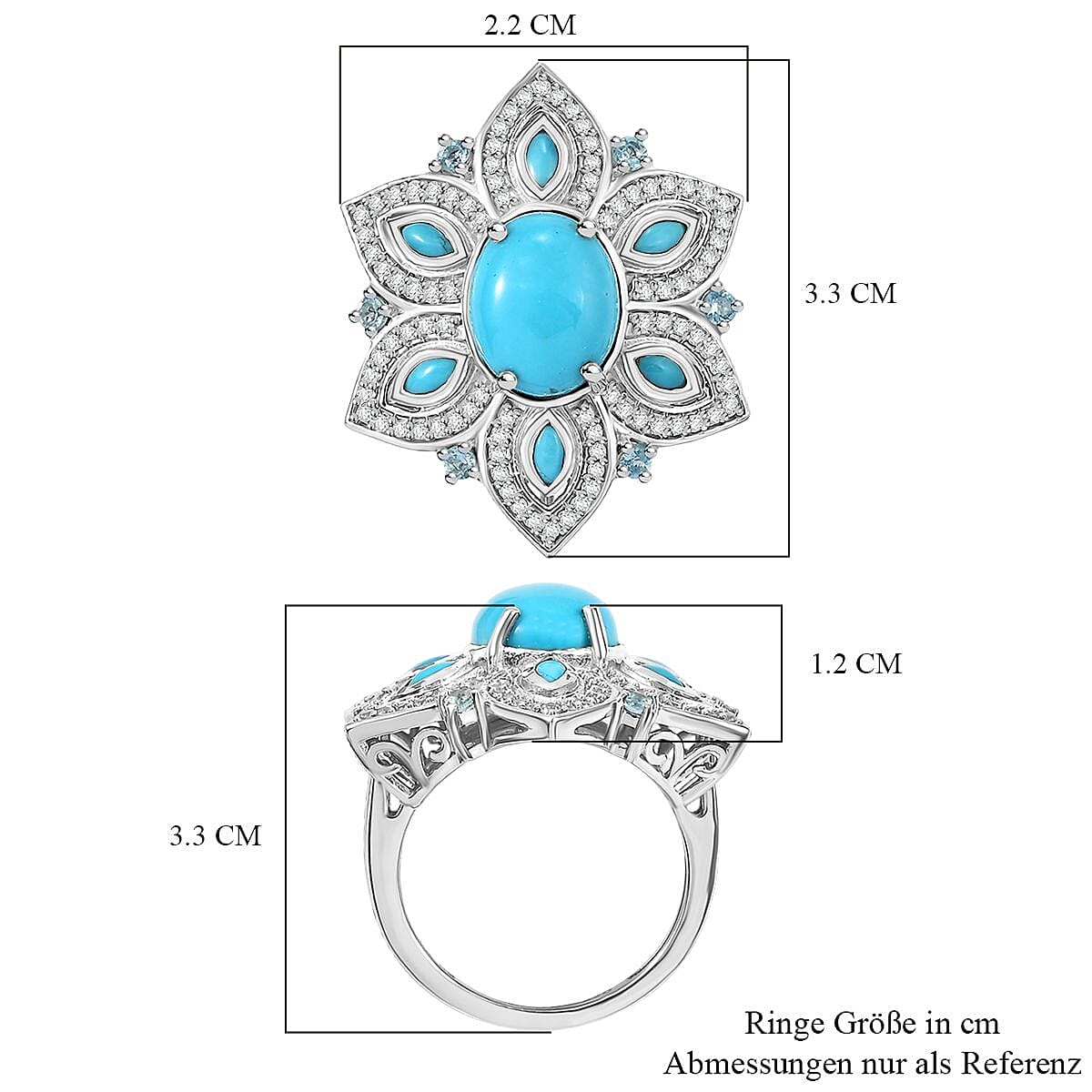 Sleeping Beauty Turquoise and White Zircon 5.53 ctw Ring in Rhodium Over Sterling Silver (Size 11.5) (7.2 g)