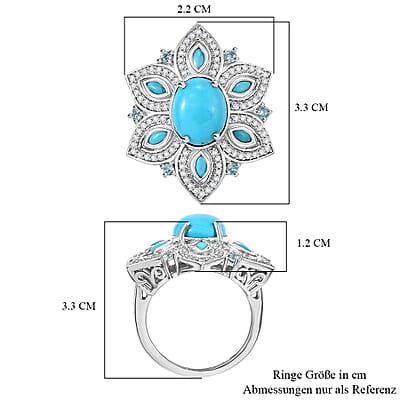 Sleeping Beauty Turquoise and White Zircon 5.53 ctw Ring in Rhodium Over Sterling Silver (Size 11.5) (7.2 g)