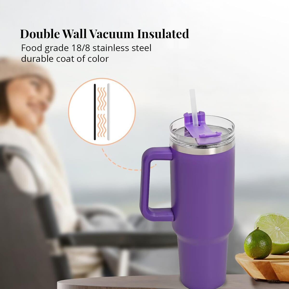 Purple Stainless Steel Insulated 40oz Tumbler with Handle and Straw image number 5