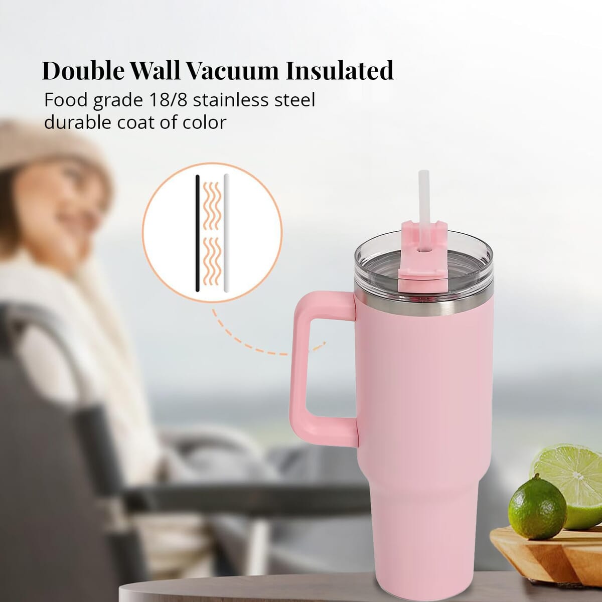 Pink Stainless Steel Insulated 40oz Tumbler with Handle and Straw image number 1