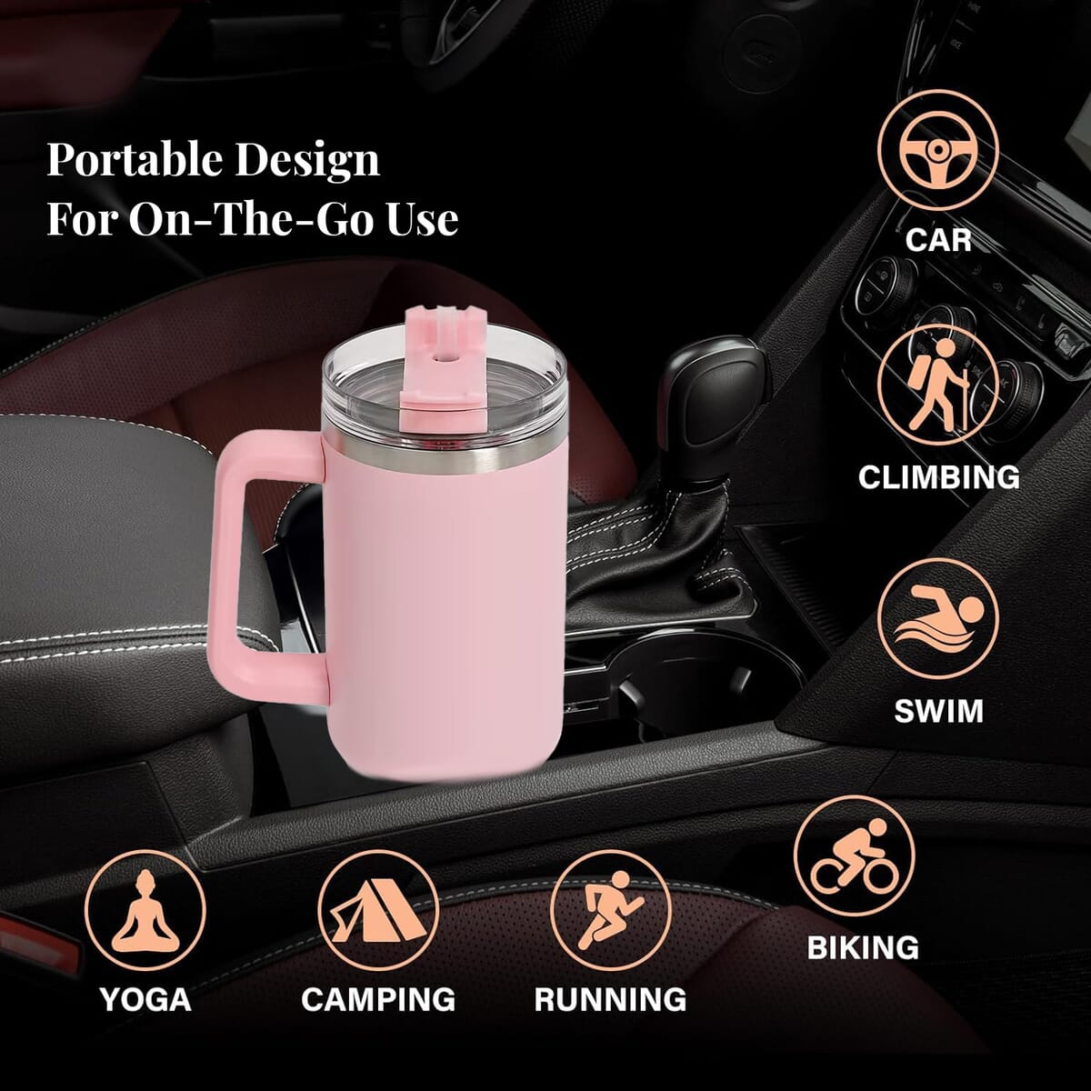 Pink Stainless Steel Insulated 40oz Tumbler with Handle and Straw image number 2