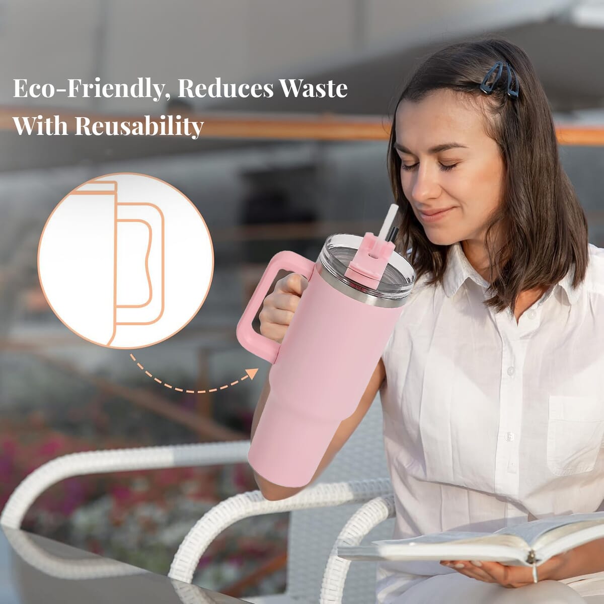 Pink Stainless Steel Insulated 40oz Tumbler with Handle and Straw image number 3