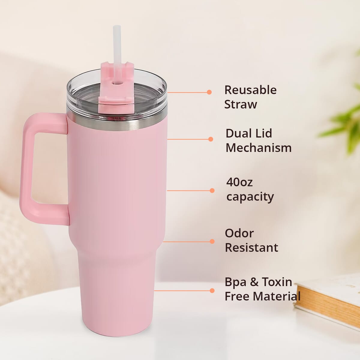 Pink Stainless Steel Insulated 40oz Tumbler with Handle and Straw image number 4
