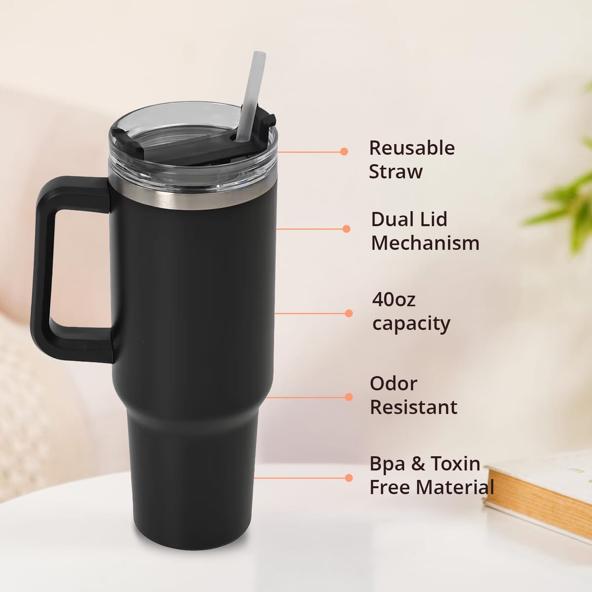 Black Stainless Steel Insulated 40oz Tumbler with Handle and Straw image number 0