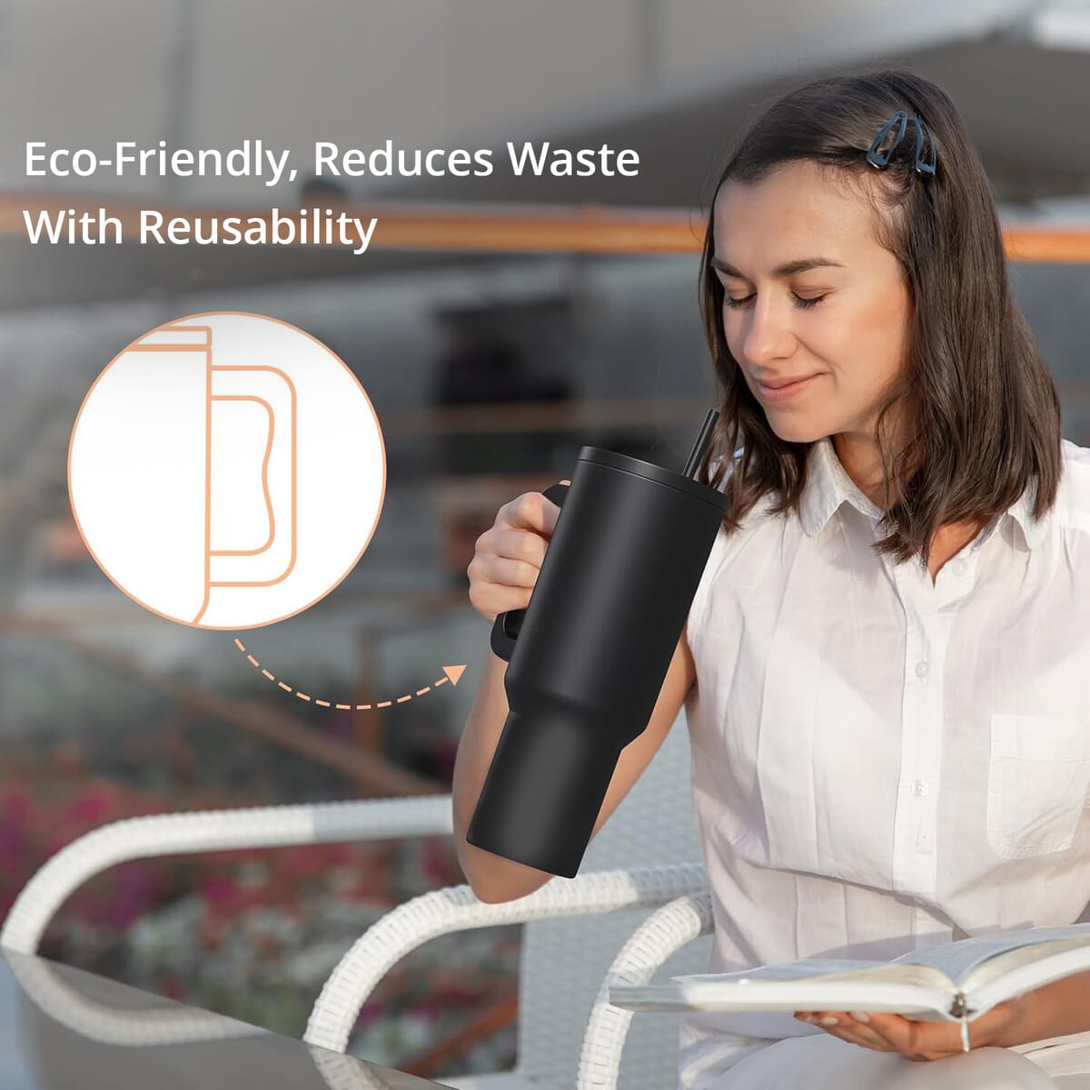 Black Stainless Steel Insulated 40oz Tumbler with Handle and Straw image number 1