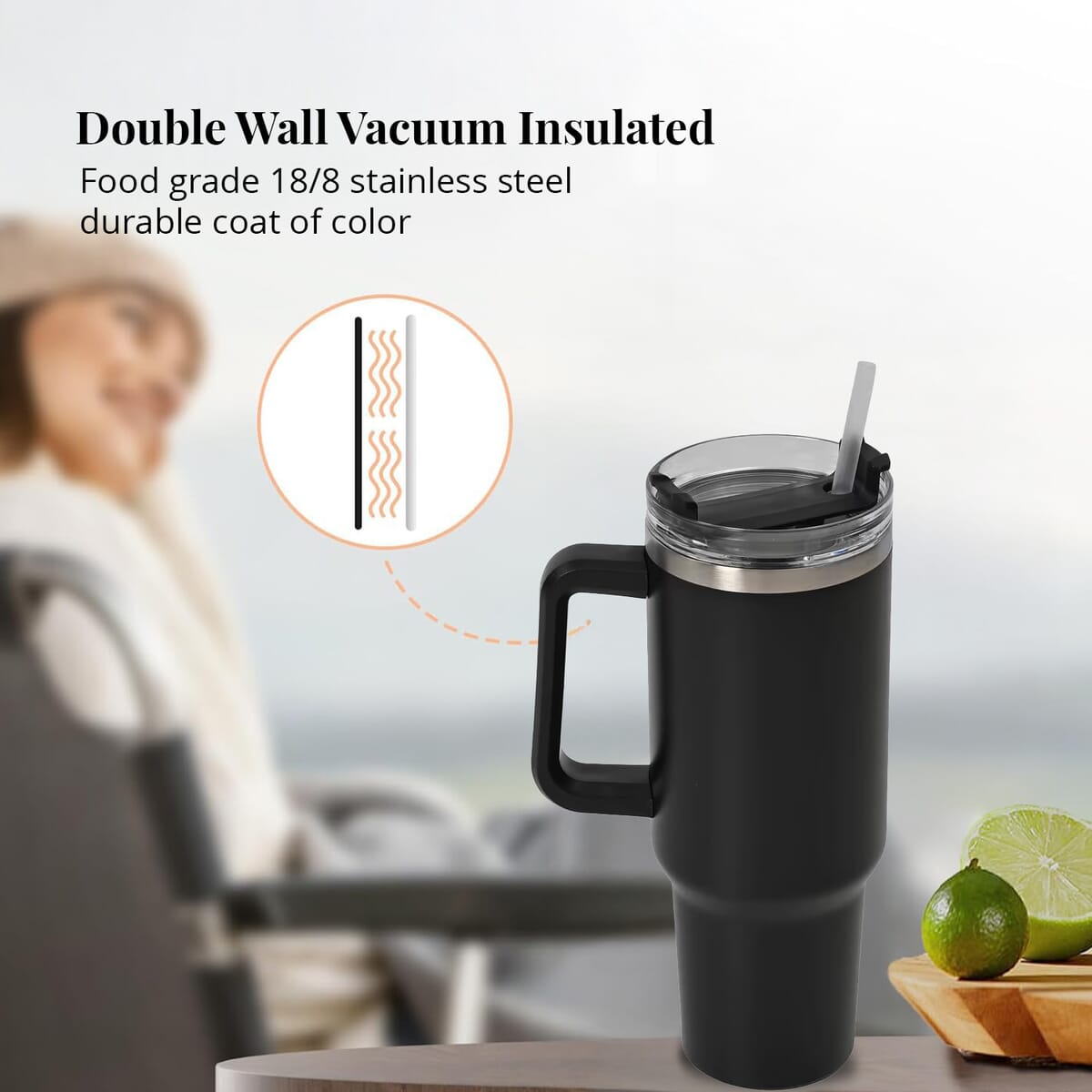 Black Stainless Steel Insulated 40oz Tumbler with Handle and Straw image number 4