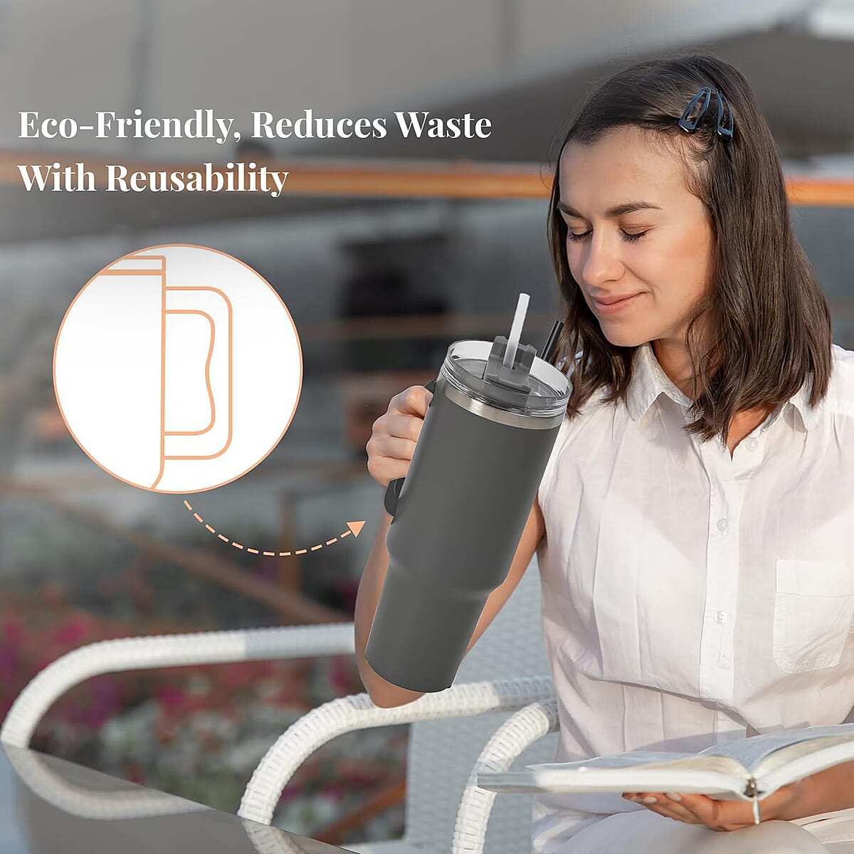 Gray Stainless Steel Insulated 40oz Tumbler with Handle and Straw image number 1