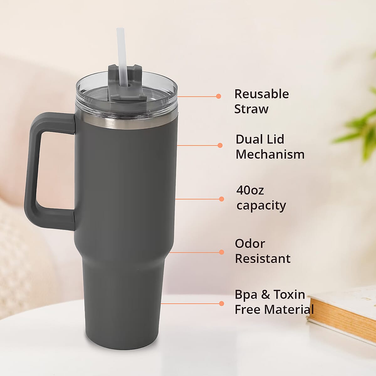 Gray Stainless Steel Insulated 40oz Tumbler with Handle and Straw image number 3