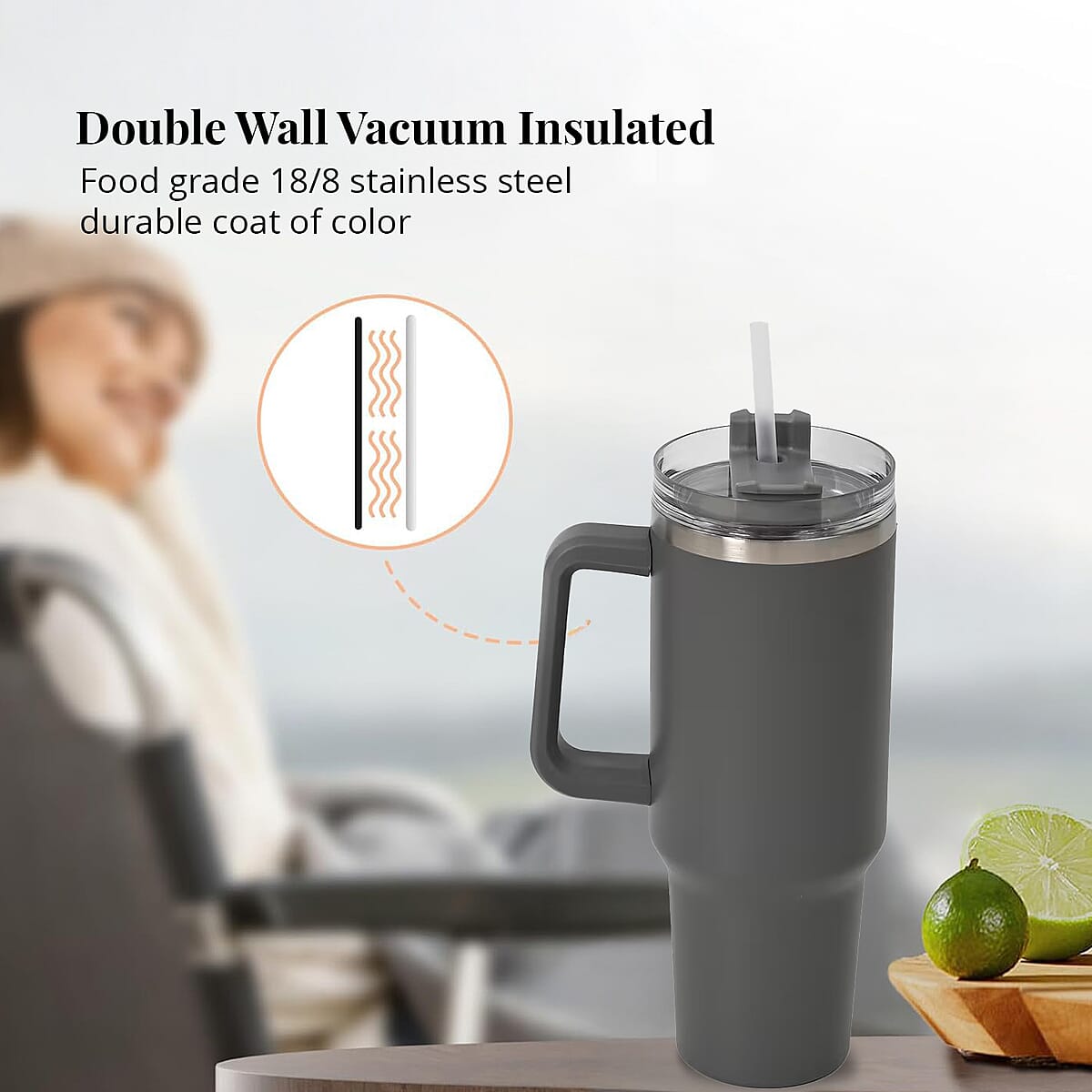 Gray Stainless Steel Insulated 40oz Tumbler with Handle and Straw image number 5