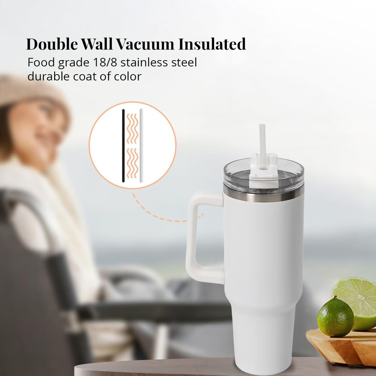 White Stainless Steel Insulated 40oz Tumbler with Handle and Straw image number 1