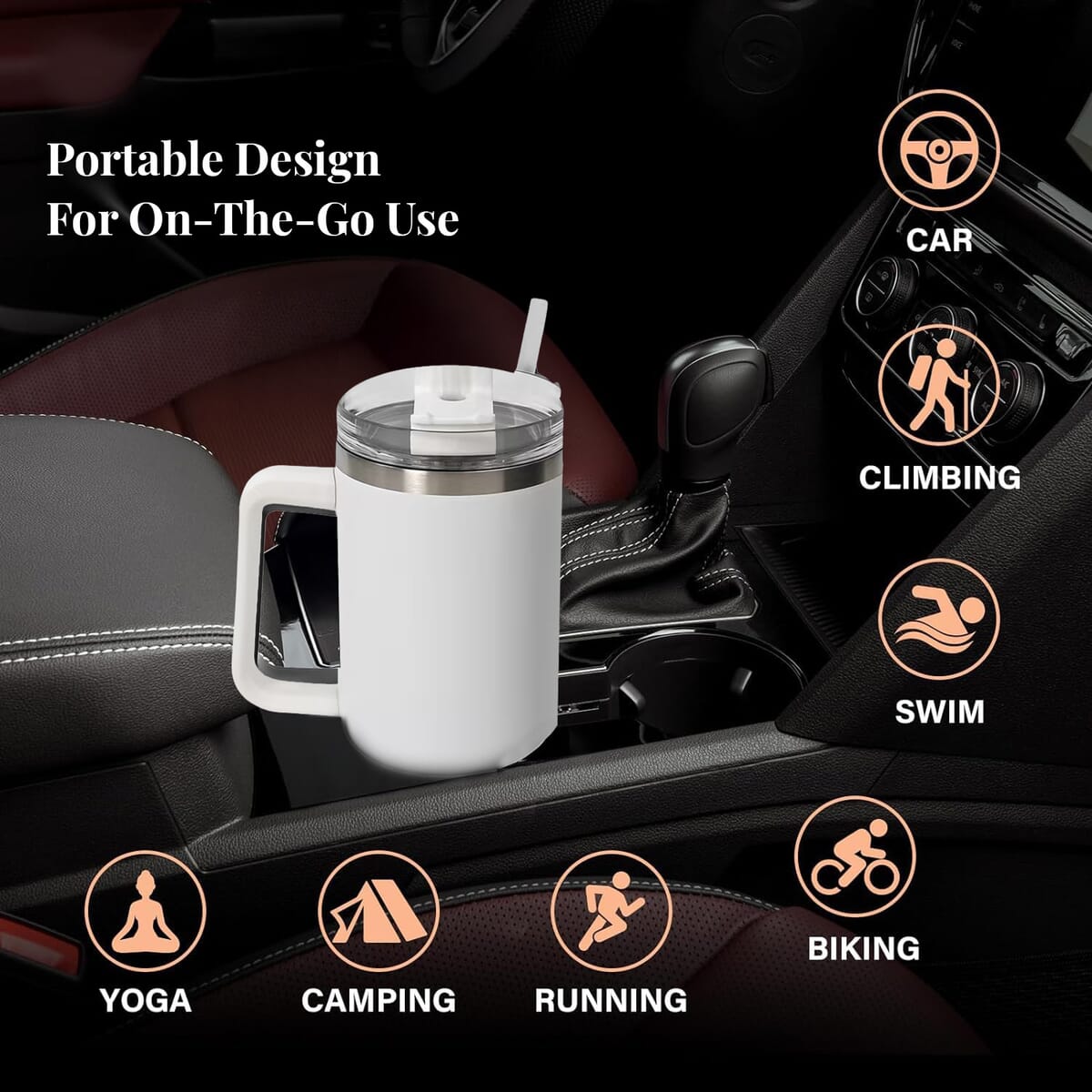 White Stainless Steel Insulated 40oz Tumbler with Handle and Straw image number 2