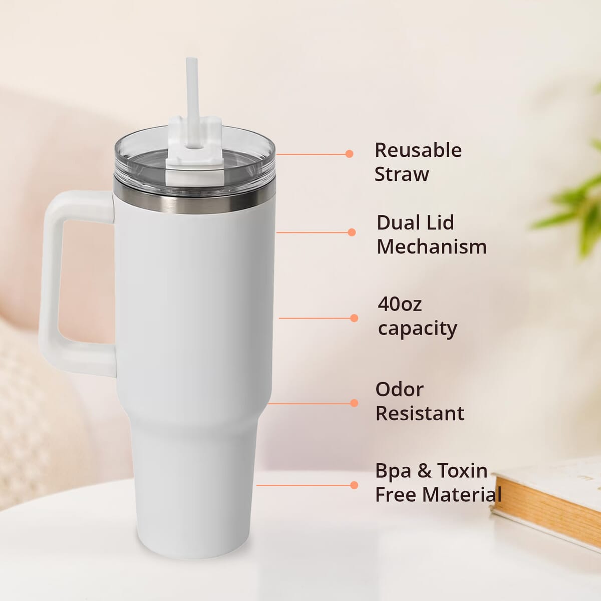 White Stainless Steel Insulated 40oz Tumbler with Handle and Straw image number 3