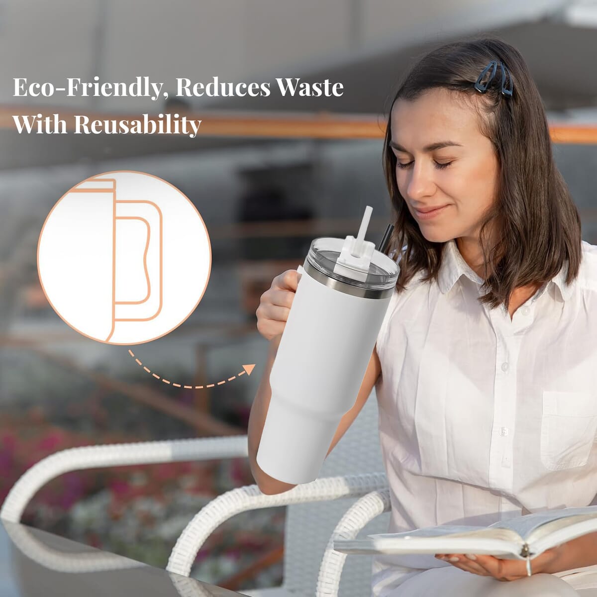 White Stainless Steel Insulated 40oz Tumbler with Handle and Straw image number 4