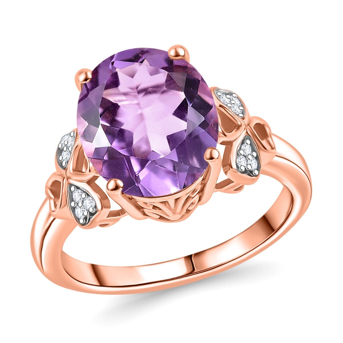 AAA Rose De France Amethyst and White Zircon 4.60 ctw Clover Leaf Ring in 18K Vermeil Rose Gold Over Sterling Silver (Size 9.0) image number 0