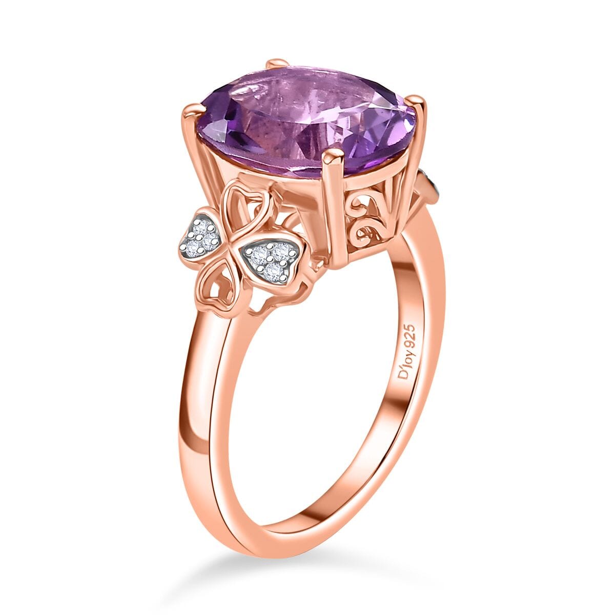 AAA Rose De France Amethyst and White Zircon 4.60 ctw Clover Leaf Ring in 18K Vermeil Rose Gold Over Sterling Silver (Size 9.0) image number 3