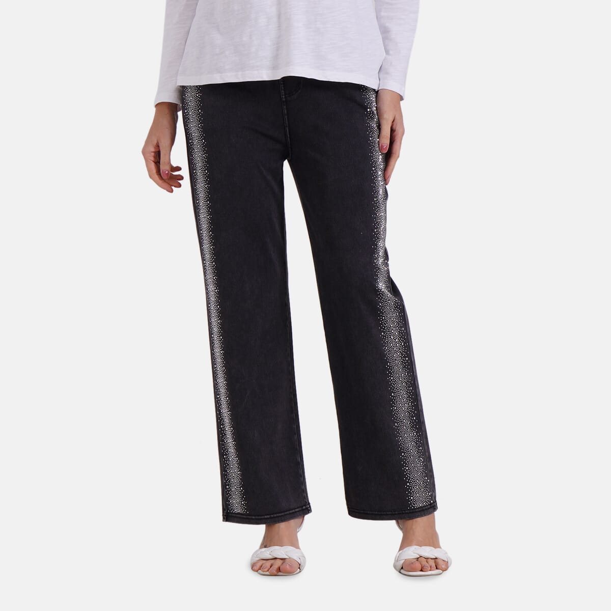 TAMSY Black Stripe Dark Wash Rhinestone Stretch Denim Pant with Pockets - (One Size S-L) image number 0
