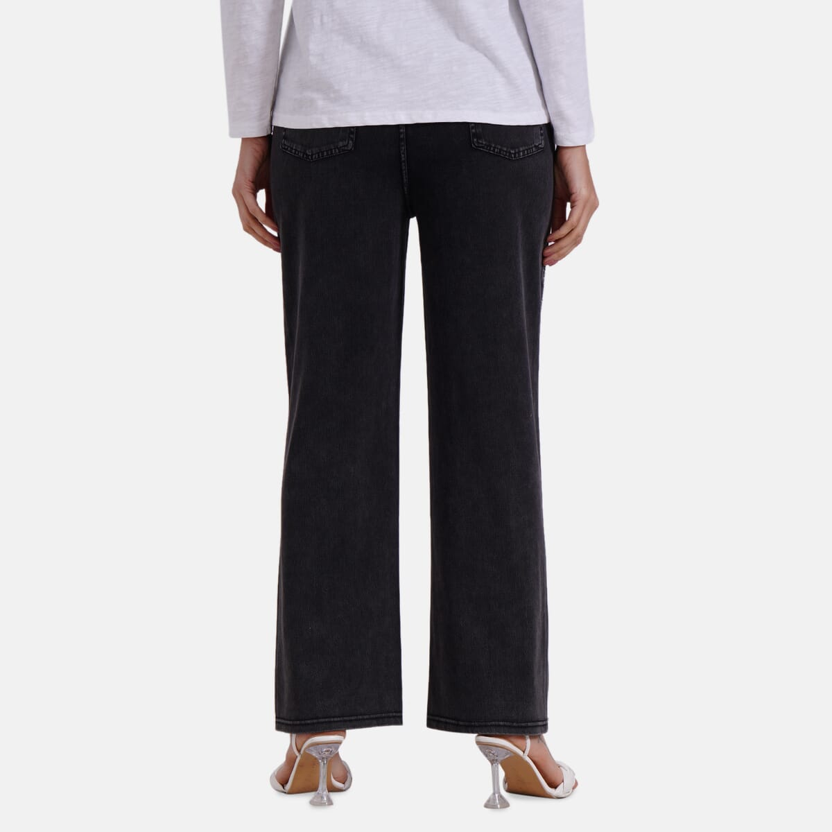 TAMSY Black Stripe Dark Wash Rhinestone Stretch Denim Pant with Pockets - (One Size S-L) image number 1
