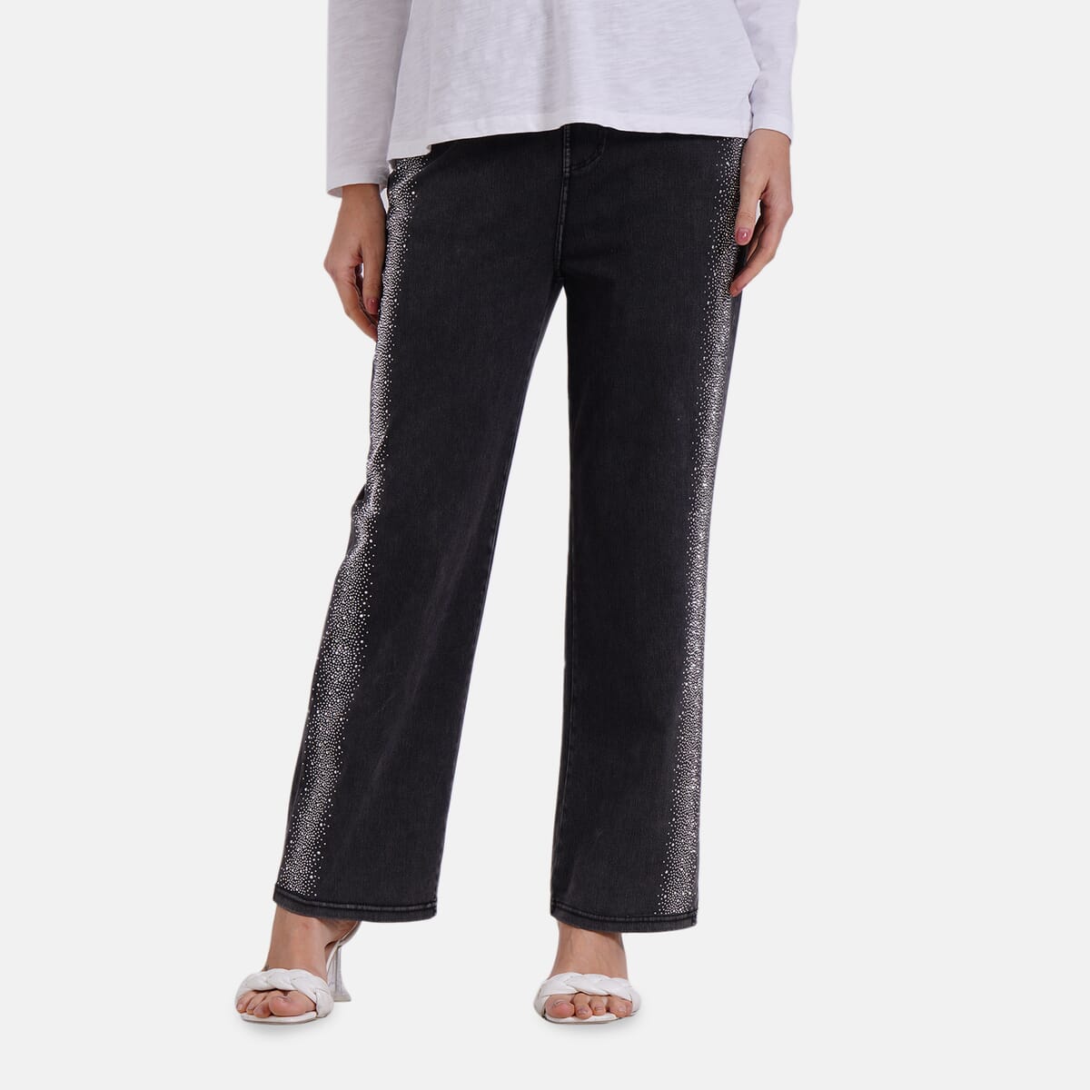 TAMSY Black Stripe Dark Wash Rhinestone Stretch Denim Pant with Pockets - (One Size S-L) image number 3