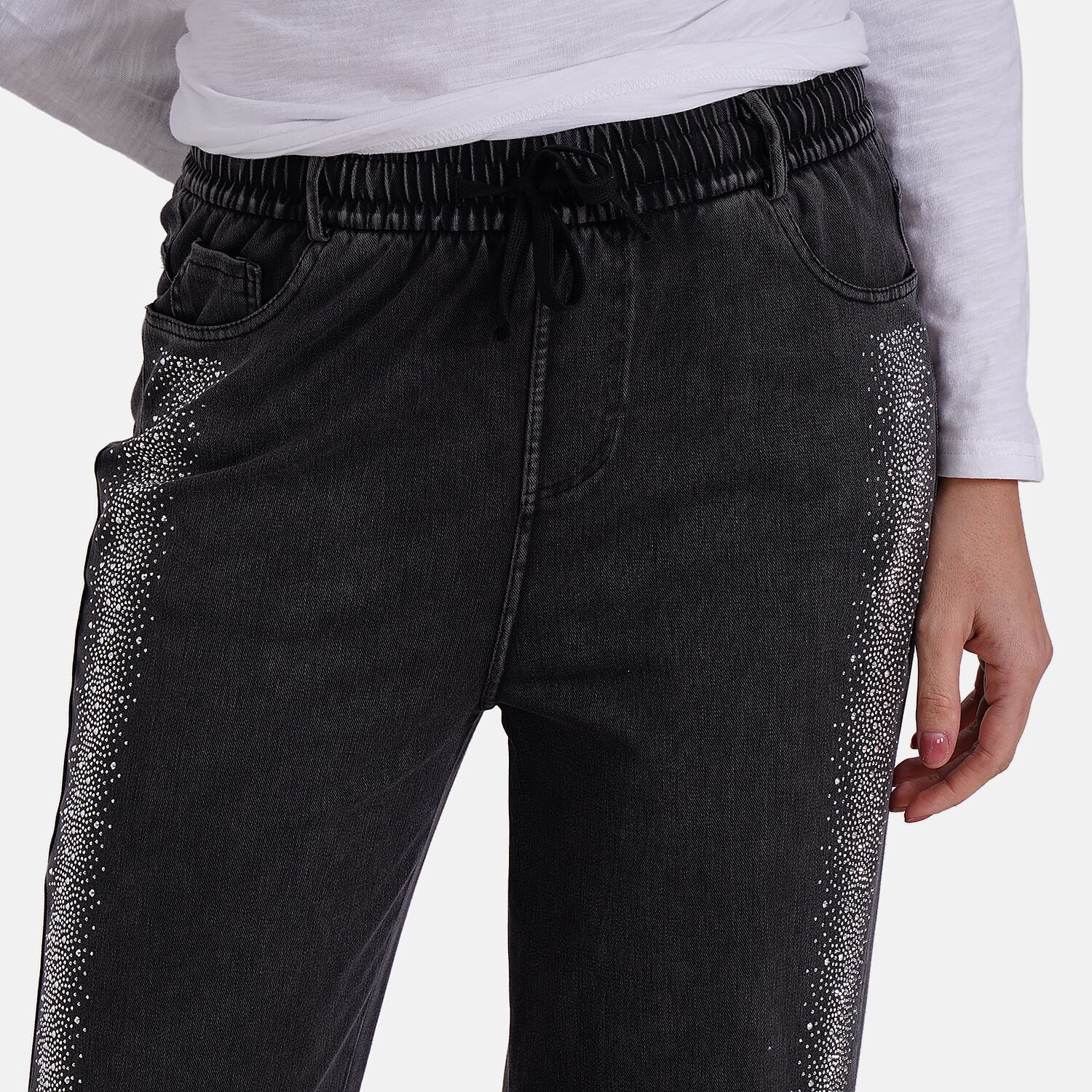 Buy Black Side Stripe Rhinestone Jeans - S-L at ShopLC.