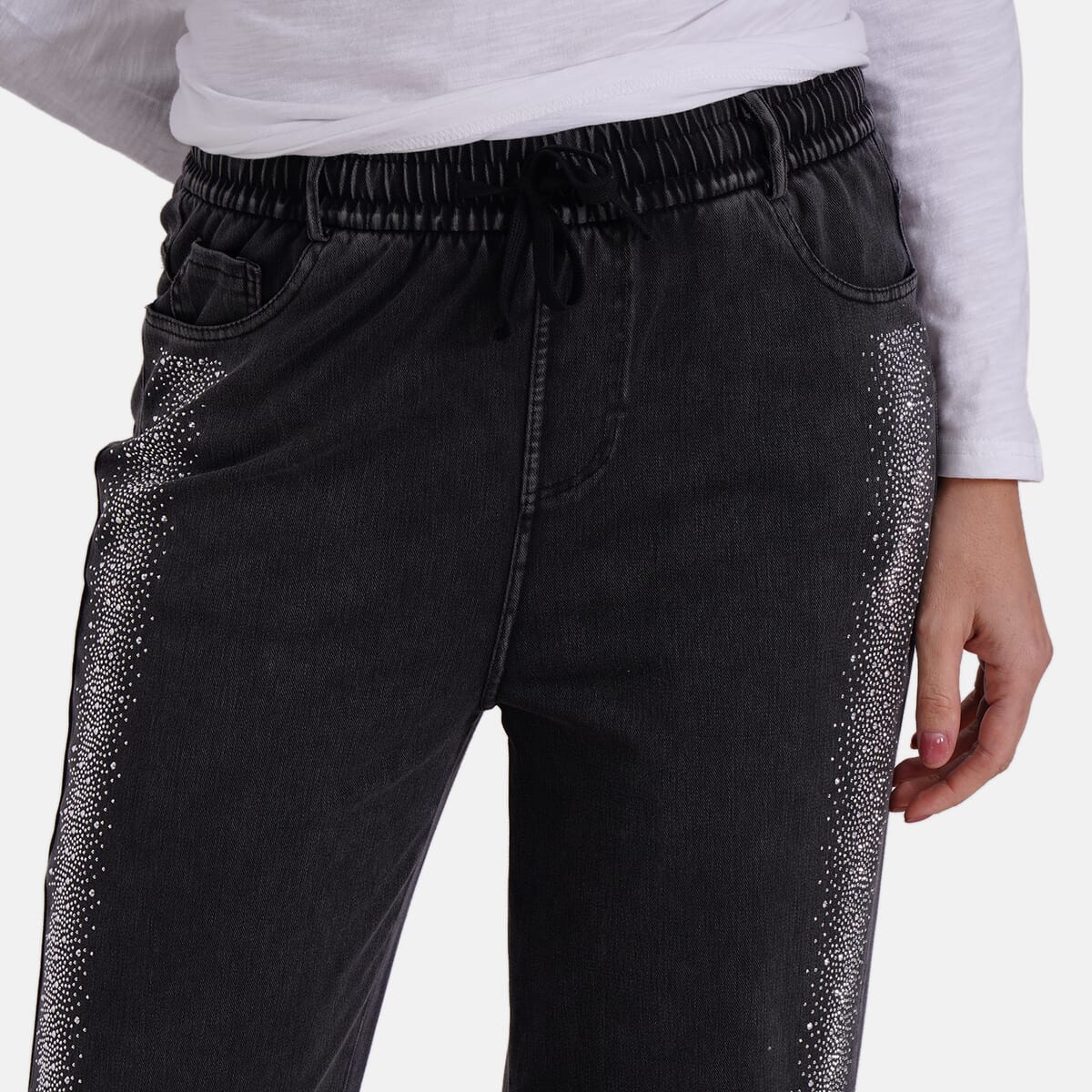 TAMSY Black Stripe Dark Wash Rhinestone Stretch Denim Pant with Pockets - (One Size S-L) image number 4