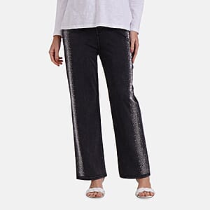 TAMSY Black Stripe Dark Wash Rhinestone Stretch Denim Pant with Pockets - (One Size L-XL)