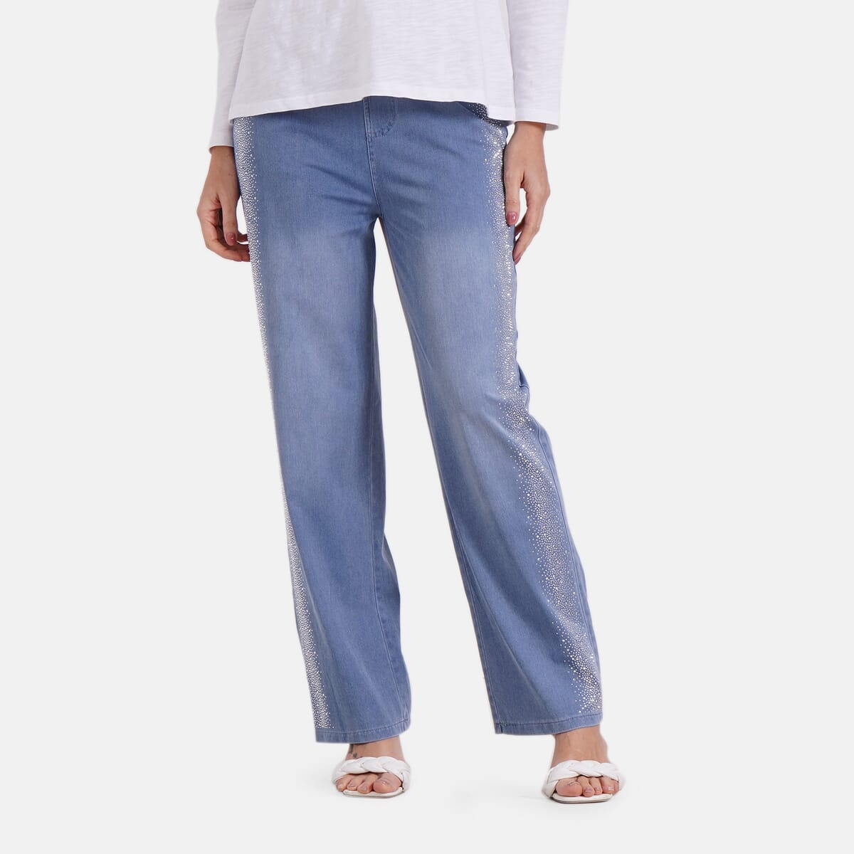 TAMSY Blue Stripe Med Wash Rhinestone Stretch Denim Pant with Pockets - (One Size L-XL) image number 0