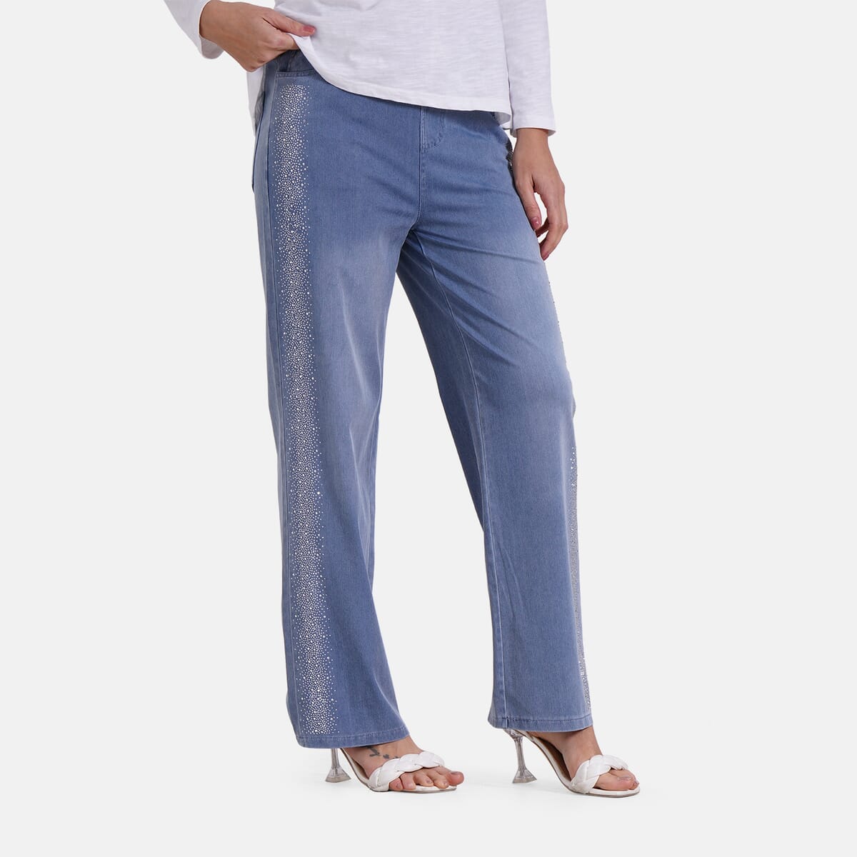TAMSY Blue Stripe Med Wash Rhinestone Stretch Denim Pant with Pockets - (One Size L-XL) image number 2