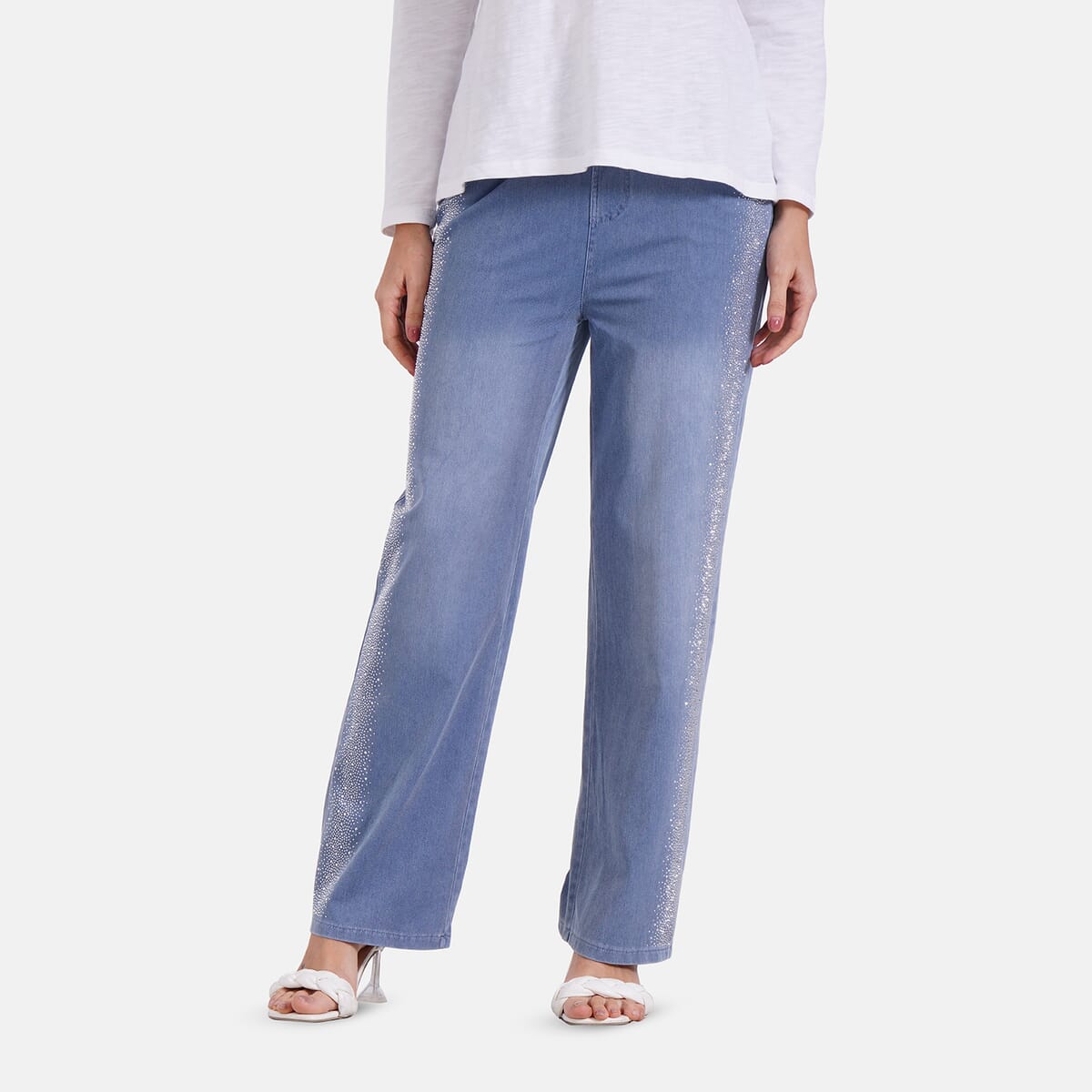 TAMSY Blue Stripe Med Wash Rhinestone Stretch Denim Pant with Pockets - (One Size L-XL) image number 3