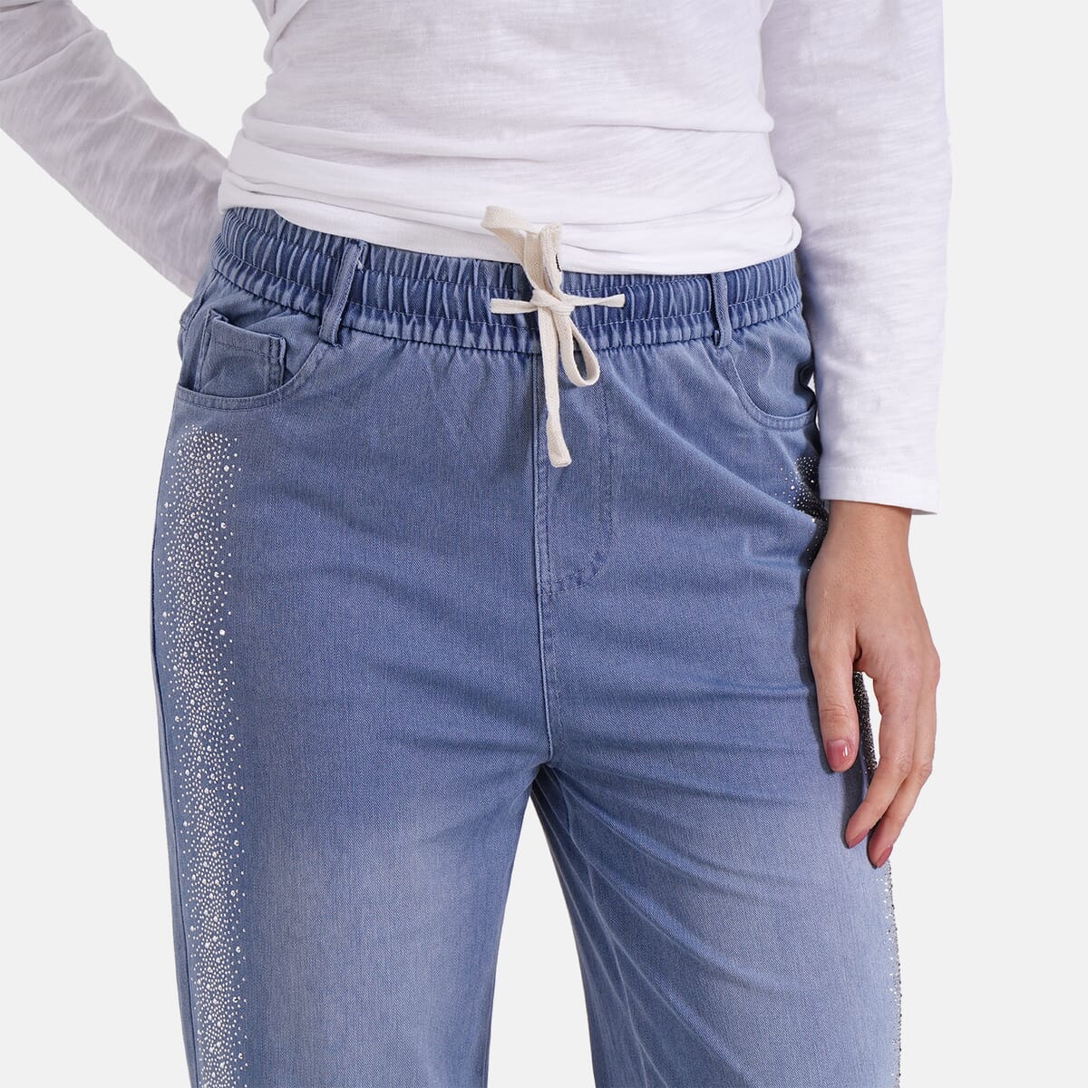 TAMSY Blue Stripe Med Wash Rhinestone Stretch Denim Pant with Pockets - (One Size L-XL) image number 4