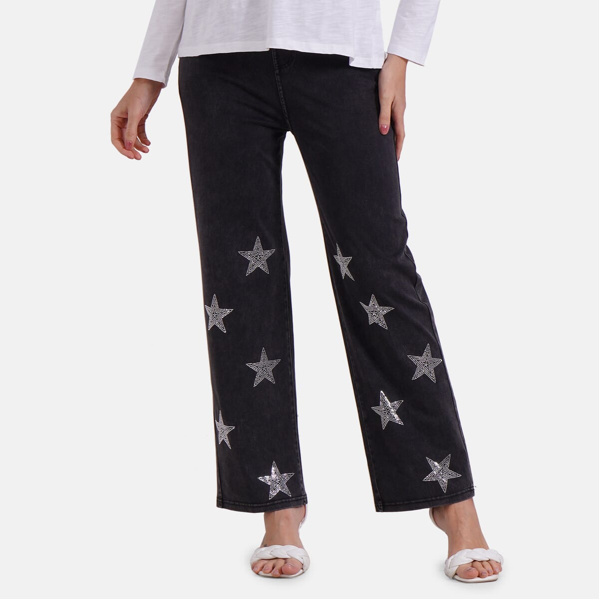 TAMSY Black Star Dark Wash Rhinestone Stretch Denim Pant with Pockets - (One Size S-L) image number 0