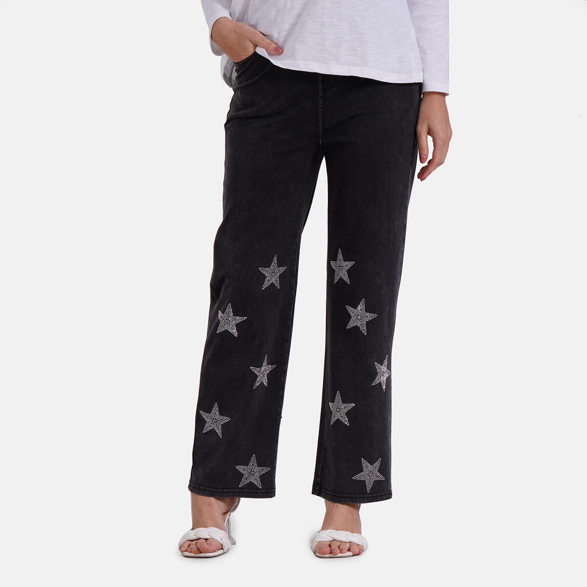 TAMSY Black Star Dark Wash Rhinestone Stretch Denim Pant with Pockets - (One Size S-L) image number 3