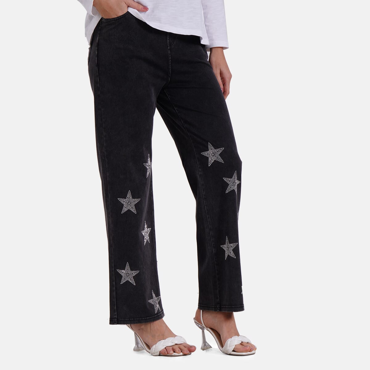 TAMSY Black Star Dark Wash Rhinestone Stretch Denim Pant with Pockets - (One Size L-XL) image number 2
