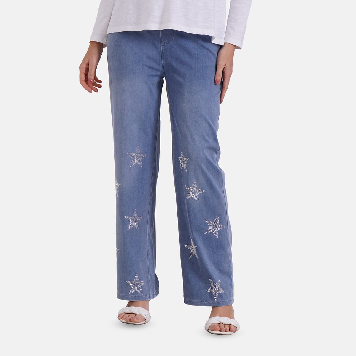 TAMSY Blue Star Med Wash Rhinestone Stretch Denim Pant with Pockets - (One Size L-XL) image number 0