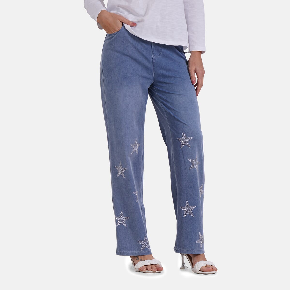 TAMSY Blue Star Med Wash Rhinestone Stretch Denim Pant with Pockets - (One Size L-XL) image number 2