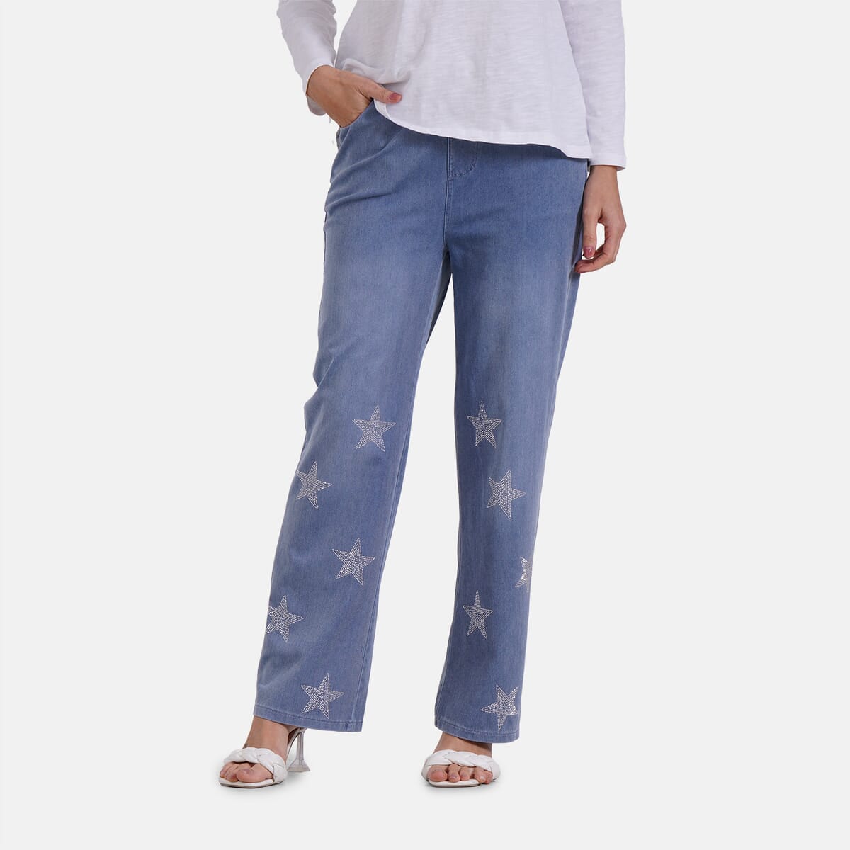 TAMSY Blue Star Med Wash Rhinestone Stretch Denim Pant with Pockets - (One Size L-XL) image number 3