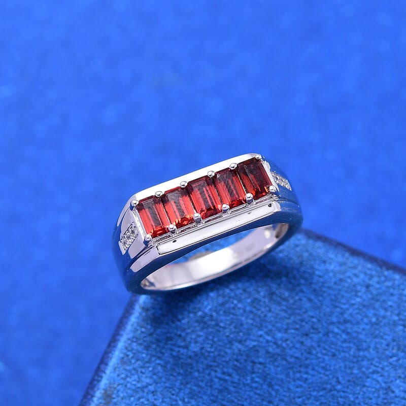 D'Joy Mozambique Garnet and White Zircon 2.00 ctw Men's Ring in Rhodium Over Sterling Silver (Size 10.0)