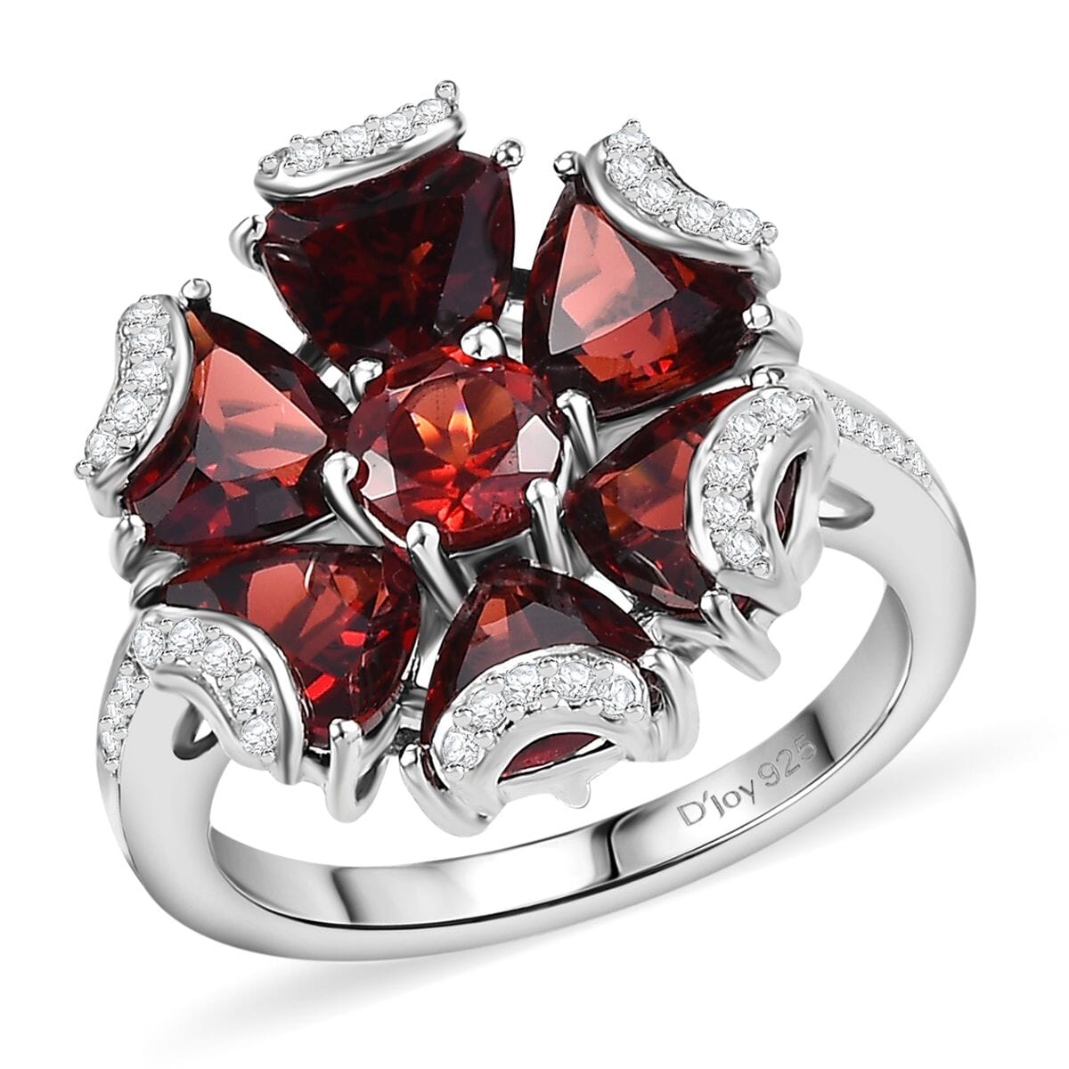 Mozambique Garnet and White Zircon 6.35 ctw Fiery Blossom Ring in Rhodium Over Sterling Silver (Size 6.0) image number 0