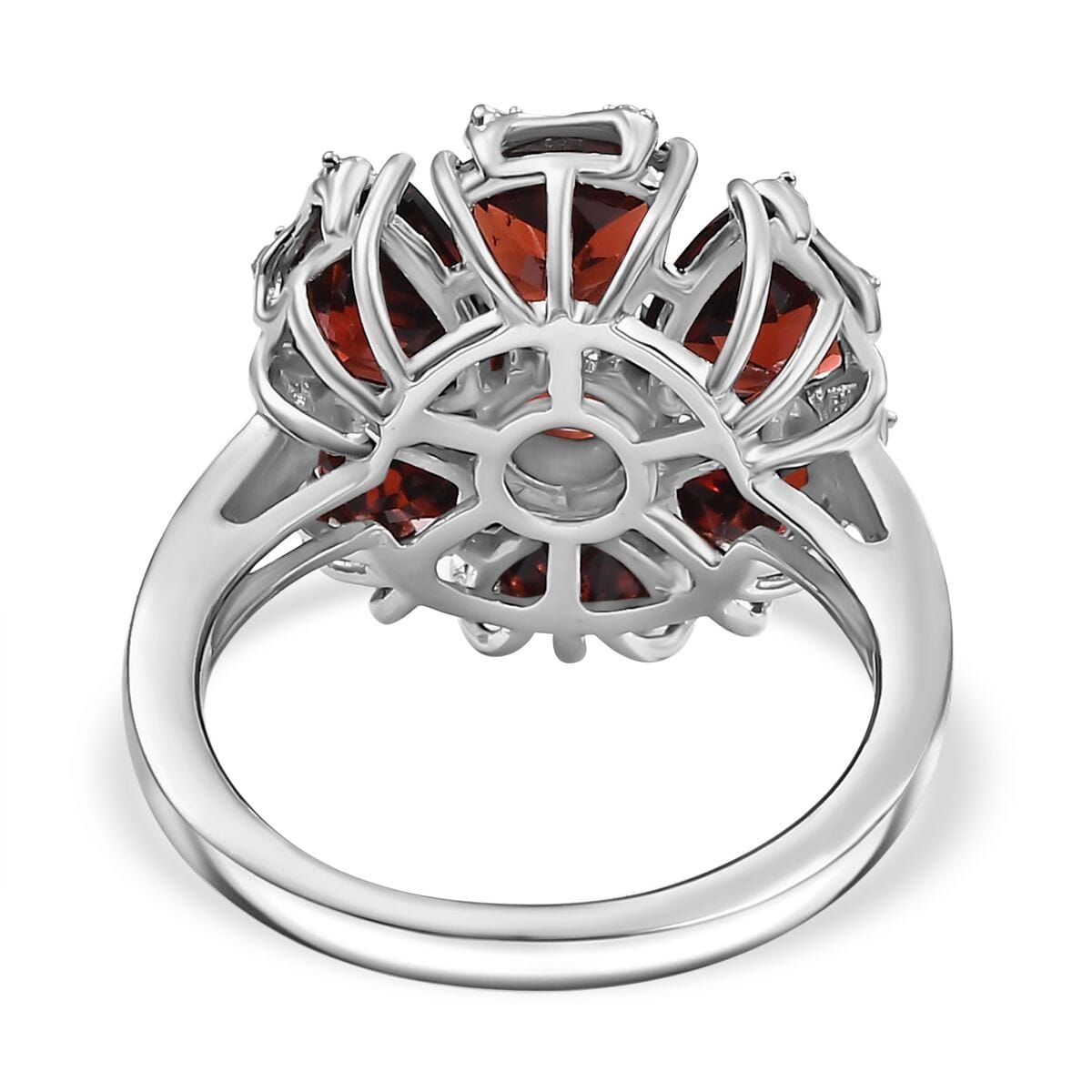 Mozambique Garnet and White Zircon 6.35 ctw Fiery Blossom Ring in Rhodium Over Sterling Silver (Size 6.0) image number 4