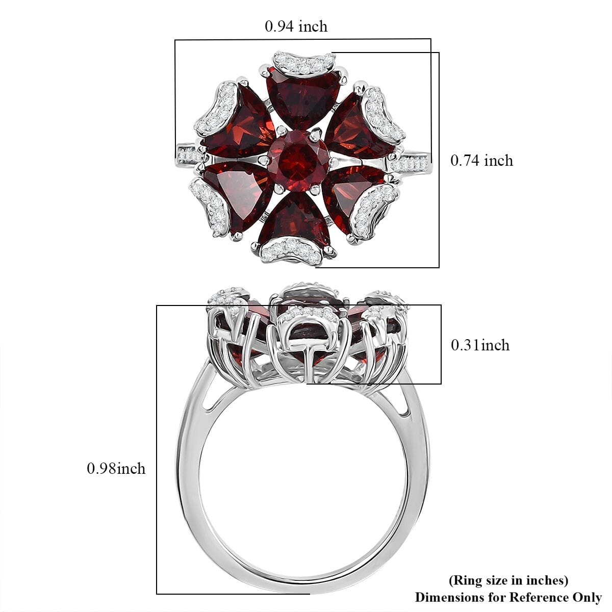 Mozambique Garnet and White Zircon 6.35 ctw Fiery Blossom Ring in Rhodium Over Sterling Silver (Size 6.0) image number 5