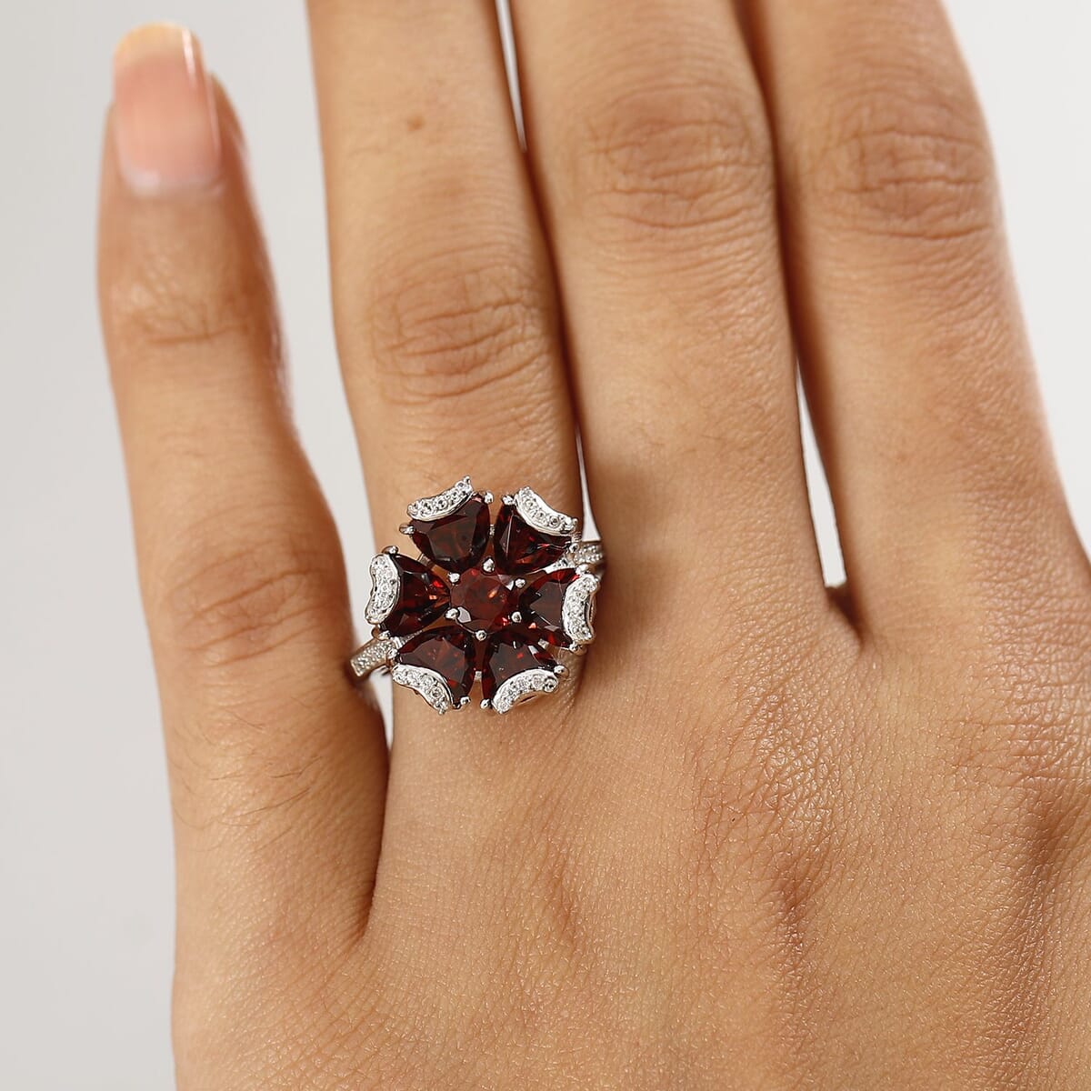 Mozambique Garnet and White Zircon 6.35 ctw Fiery Blossom Ring in Rhodium Over Sterling Silver (Size 9.0) image number 2
