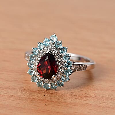 D'Joy Mozambique Garnet and Multi Gemstone 2.10 ctw Teardrop Halo Ring in Rhodium Over Sterling Silver (Size 10.0)