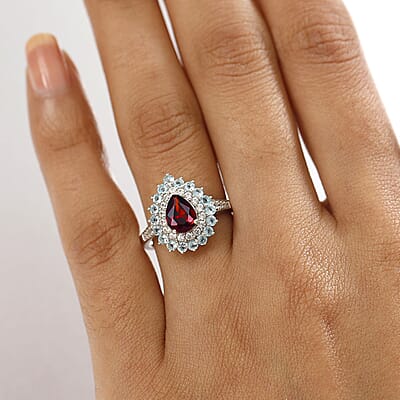 D'Joy Mozambique Garnet and Multi Gemstone 2.10 ctw Teardrop Halo Ring in Rhodium Over Sterling Silver (Size 10.0)