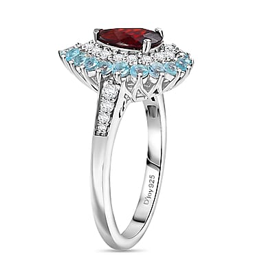 D'Joy Mozambique Garnet and Multi Gemstone 2.10 ctw Teardrop Halo Ring in Rhodium Over Sterling Silver (Size 10.0)