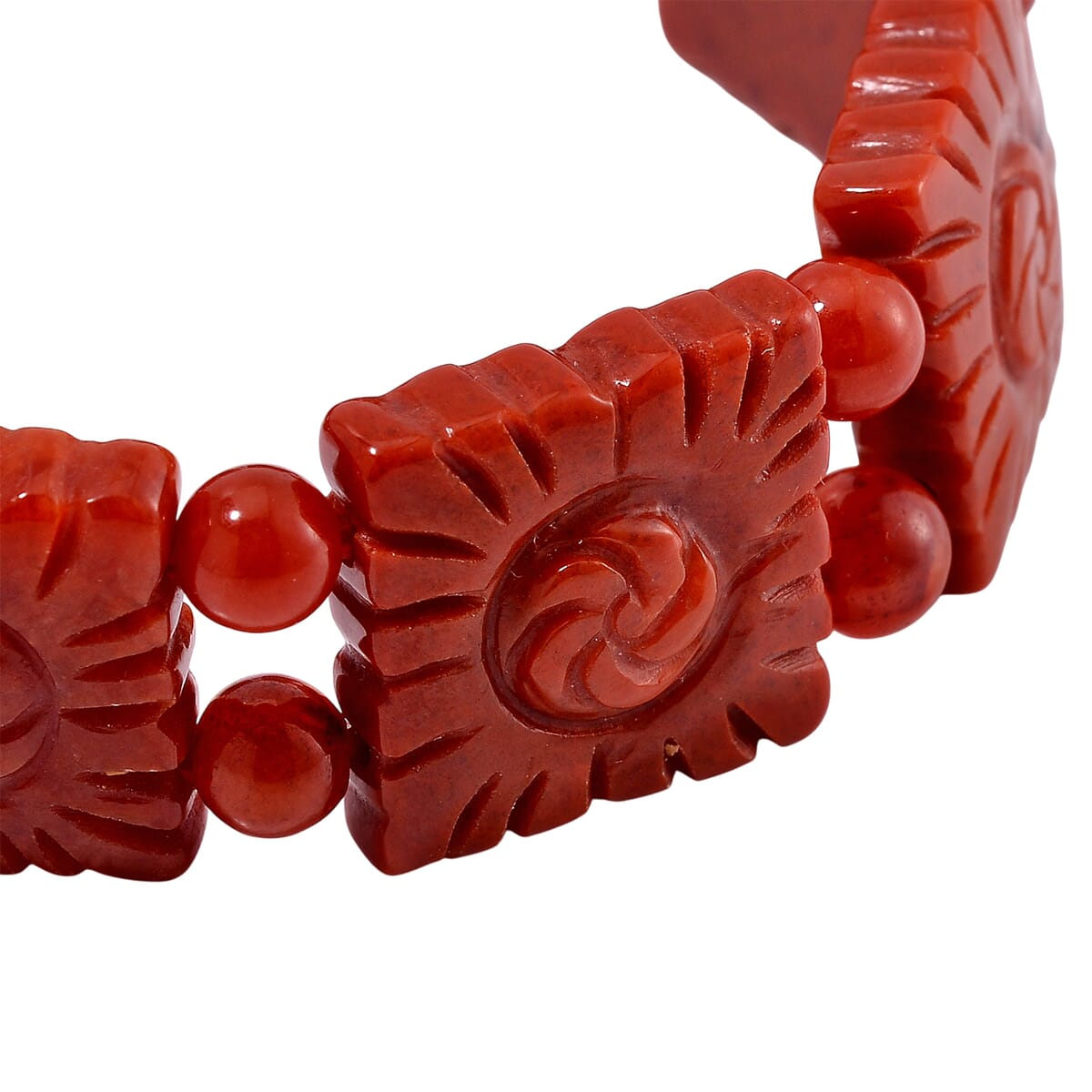 Red Jade (D) 220.00 ctw Carved Flower and Beaded Stretch Bracelet image number 2