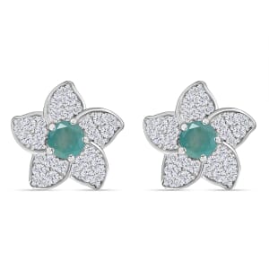 Grandidierite and White Zircon 2.30 ctw Flower Earrings in Rhodium Over Sterling Silver