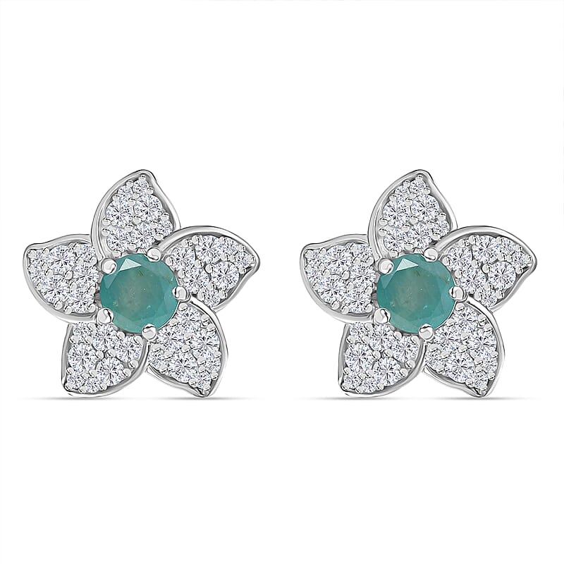 D'Joy Grandidierite and White Zircon 2.30 ctw Flower Earrings in Rhodium Over Sterling Silver