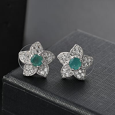 D'Joy Grandidierite and White Zircon 2.30 ctw Flower Earrings in Rhodium Over Sterling Silver